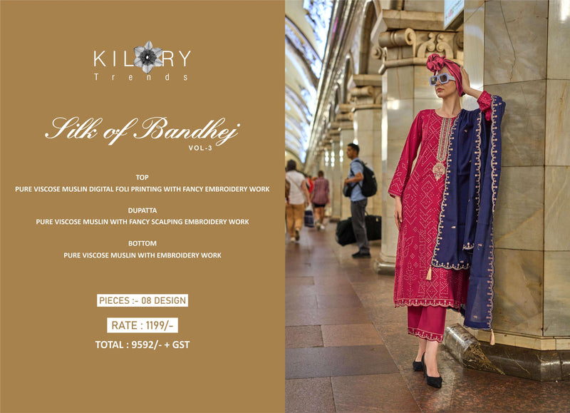 Kilory Trendz Silk Of Bandhej Vol 3 Viscose Musline Digital Foil Print Embroidery Work Salwar Suit