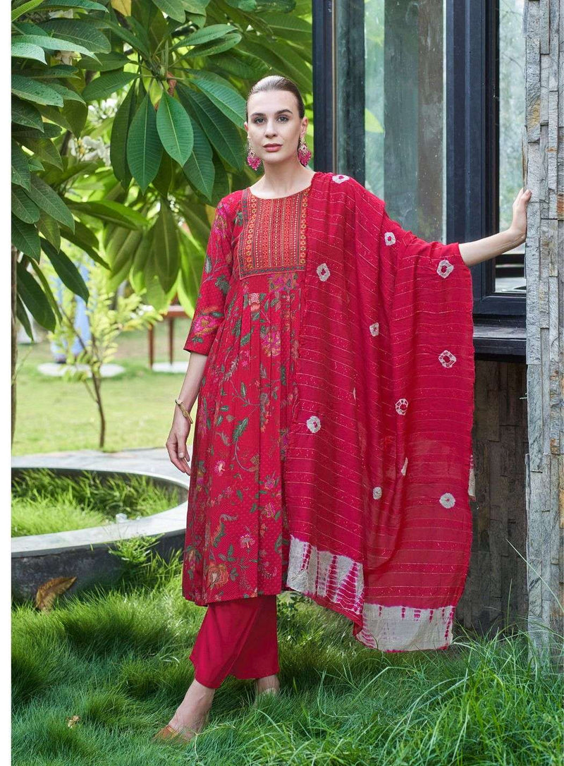 Kushals Morni Rayon Alia Embroidery And Naira Cut Pattern Kurti With Pant Dupatta Set