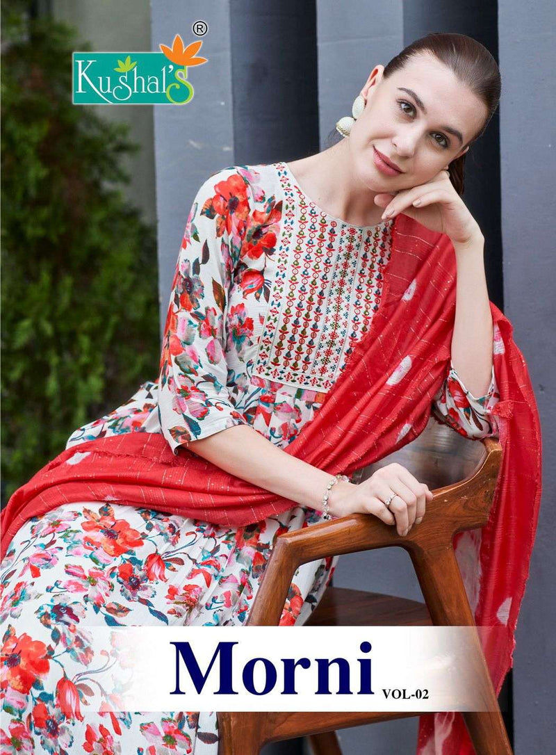 Kushals Morni Rayon Alia Embroidery And Naira Cut Pattern Kurti With Pant Dupatta Set