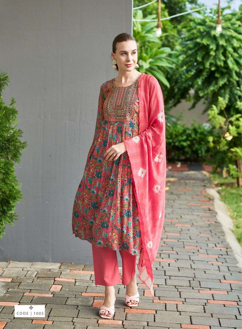 Kushals Morni Rayon Alia Embroidery And Naira Cut Pattern Kurti With Pant Dupatta Set