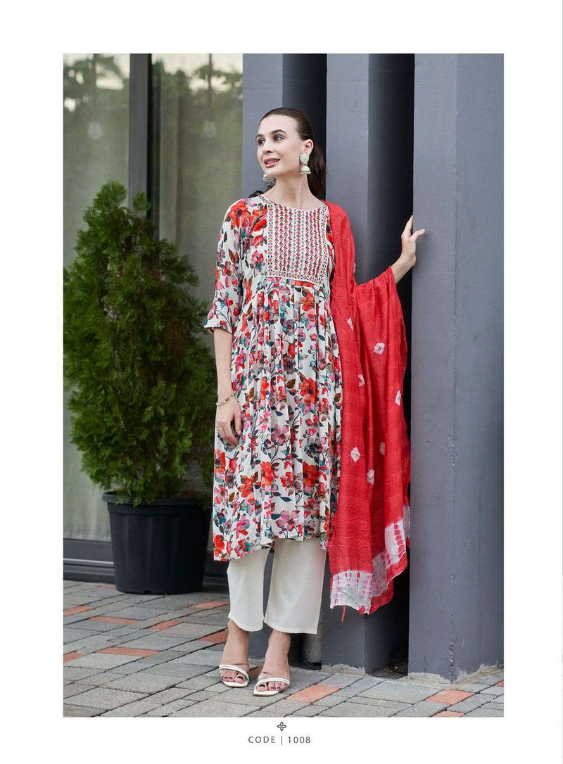 Kushals Morni Rayon Alia Embroidery And Naira Cut Pattern Kurti With Pant Dupatta Set