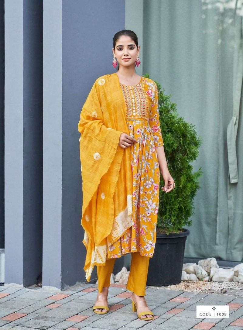 Kushals Morni Rayon Alia Embroidery And Naira Cut Pattern Kurti With Pant Dupatta Set