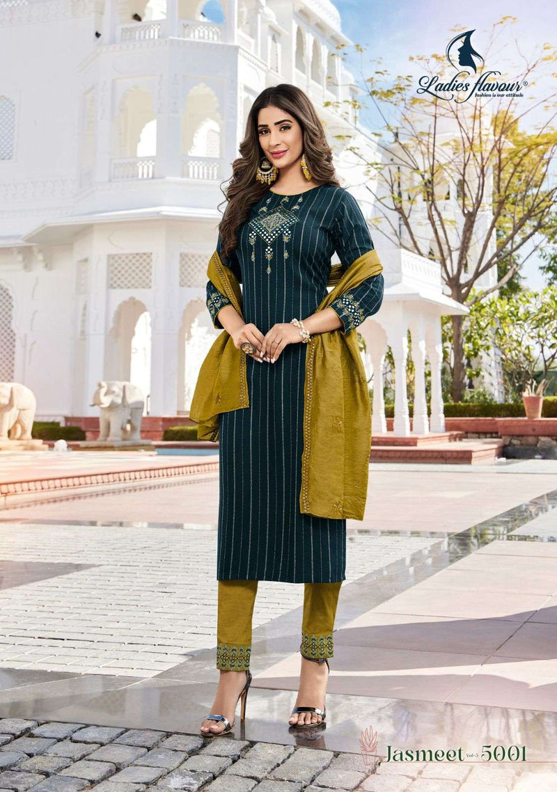 Ladies Flavour Jasmeet Vol 5 Readymade Rayon Weaving Kurti With Pant And Dupatta