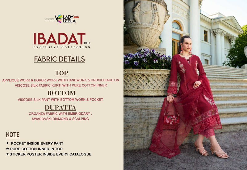Lady Leela Ibadat Vol 3 Viscose Silk Handwork Crosio Lace Designer Kurti Pant Dupatta Set