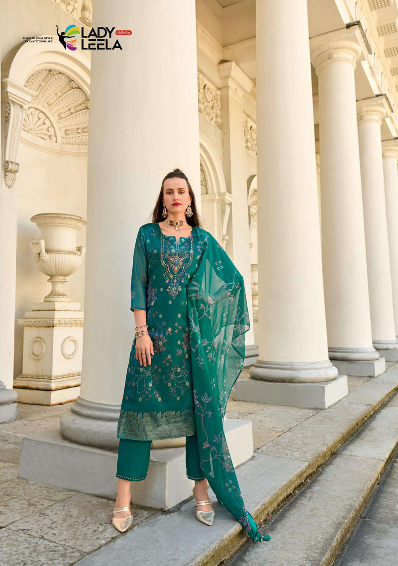 Lady Leela Qurbat Viscose Organza Jacquard Digital Print Designer Kurti Pant Dupatta Set