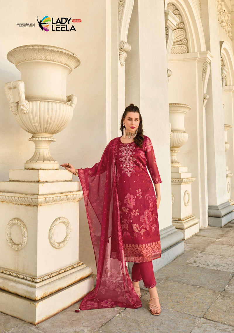 Lady Leela Qurbat Viscose Organza Jacquard Digital Print Designer Kurti Pant Dupatta Set