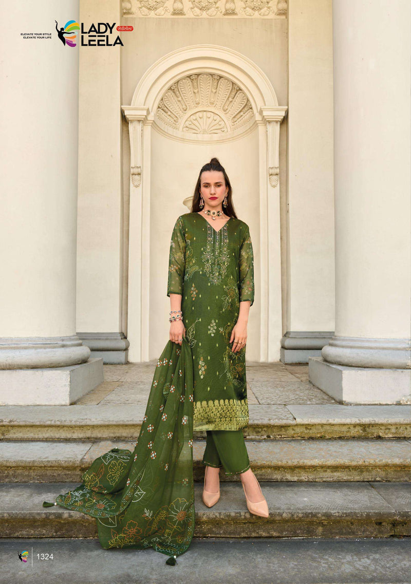 Lady Leela Qurbat Viscose Organza Jacquard Digital Print Designer Kurti Pant Dupatta Set
