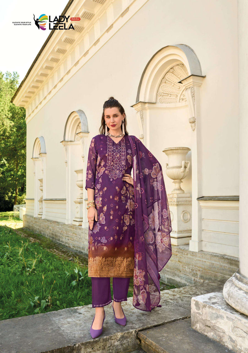 Lady Leela Qurbat Viscose Organza Jacquard Digital Print Designer Kurti Pant Dupatta Set