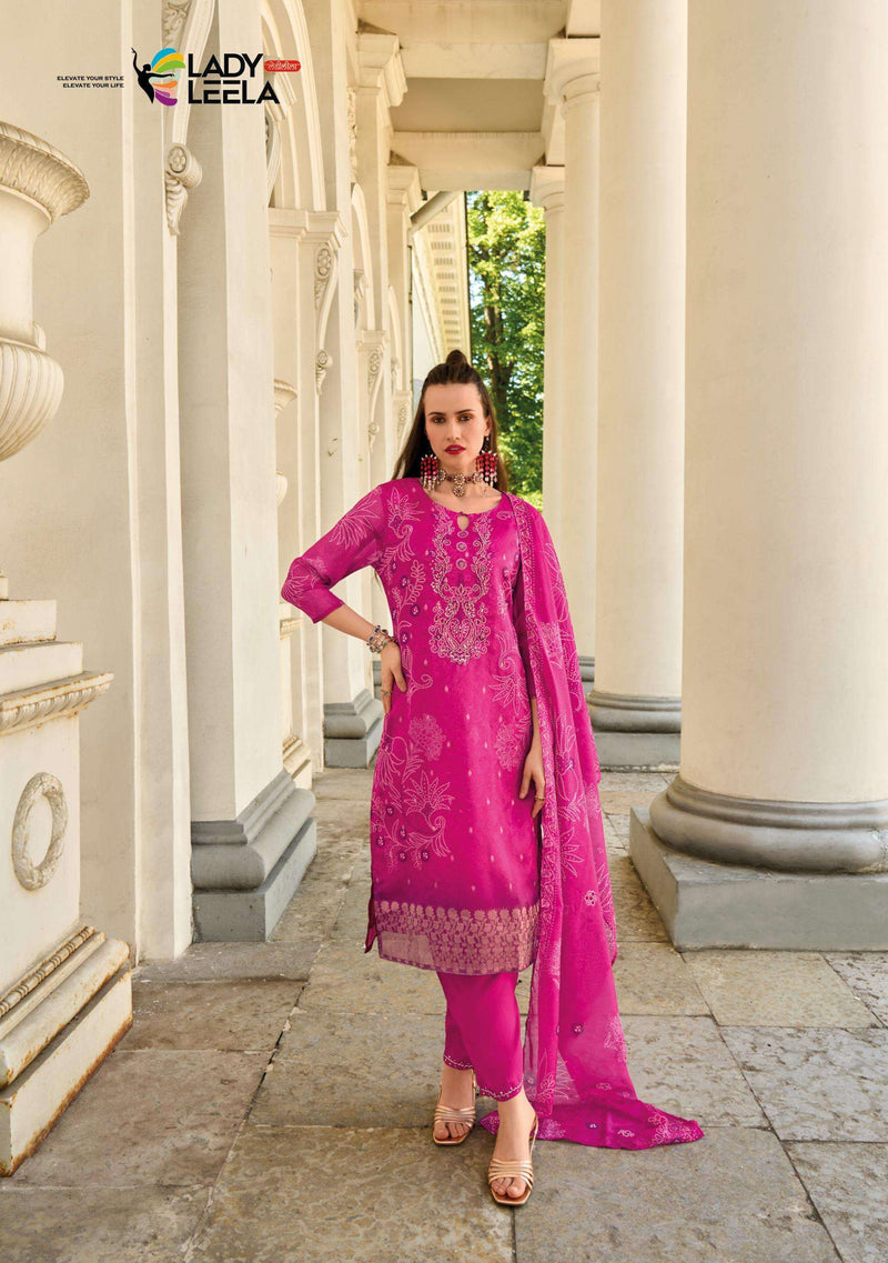 Lady Leela Qurbat Viscose Organza Jacquard Digital Print Designer Kurti Pant Dupatta Set