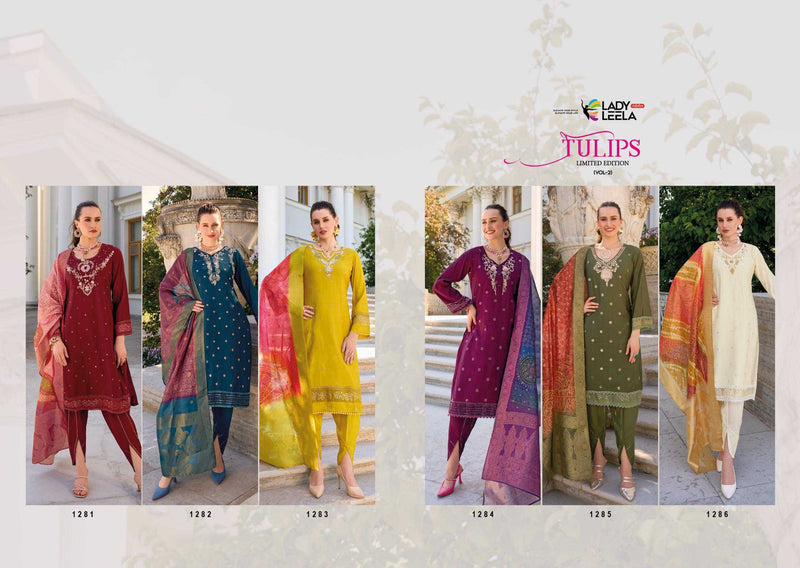 Lady Leela Tulips Vol 2  Viscose Silk Fabric Casual Wear Kurti With Pant Organza Dupatta Set