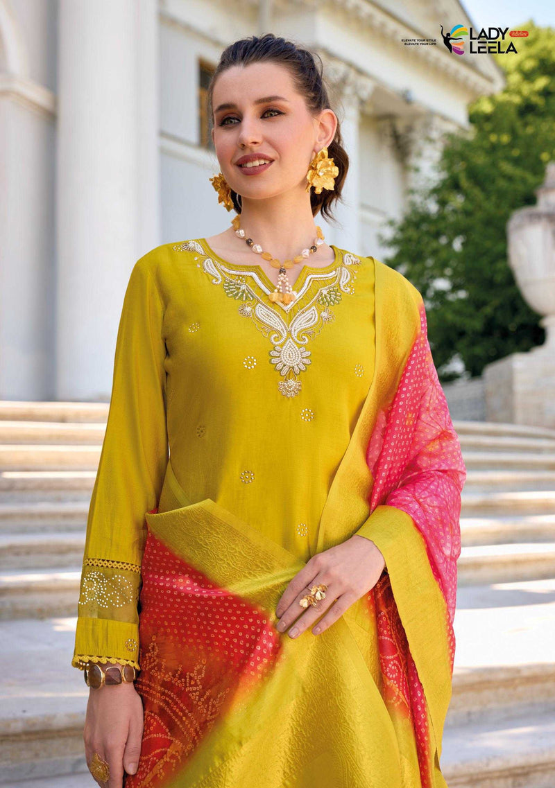 Lady Leela Tulips Vol 2  Viscose Silk Fabric Casual Wear Kurti With Pant Organza Dupatta Set