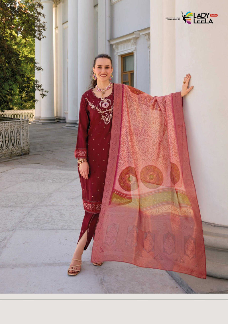 Lady Leela Tulips Vol 2  Viscose Silk Fabric Casual Wear Kurti With Pant Organza Dupatta Set