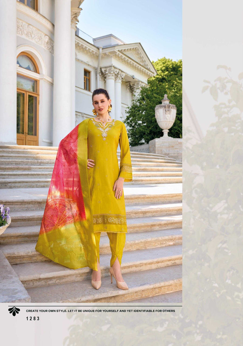 Lady Leela Tulips Vol 2  Viscose Silk Fabric Casual Wear Kurti With Pant Organza Dupatta Set