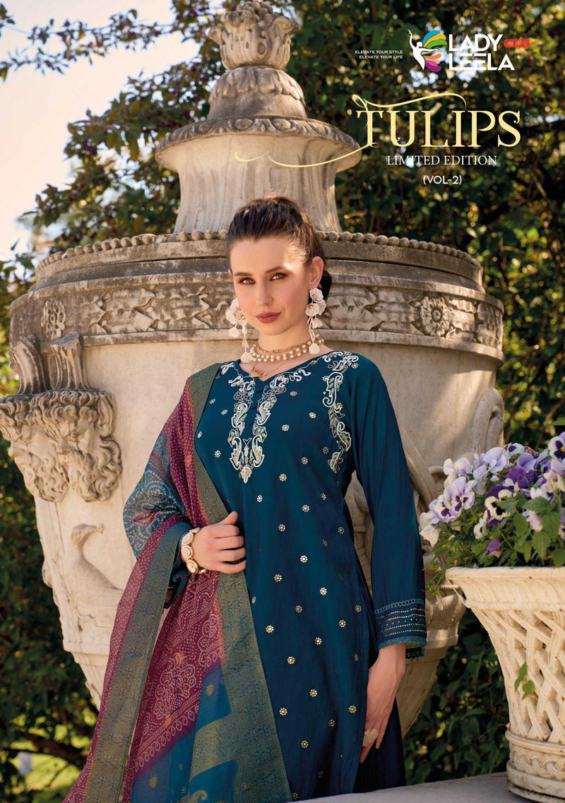 Lady Leela Tulips Vol 2  Viscose Silk Fabric Casual Wear Kurti With Pant Organza Dupatta Set
