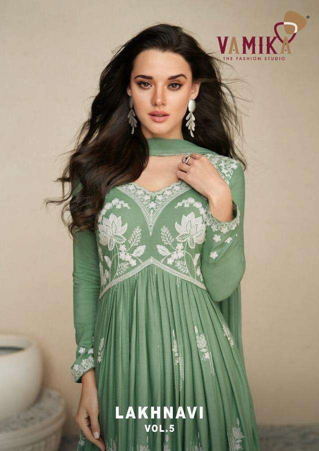 Lakhnavi Vol 5 By Vamika Readymade Rayon Top With Plazzo & Dupatta Set