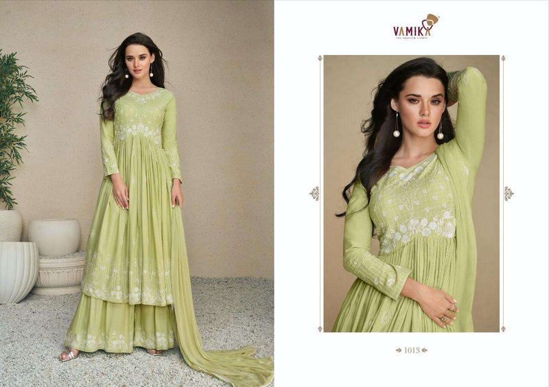 Lakhnavi Vol 5 By Vamika Readymade Rayon Top With Plazzo & Dupatta Set