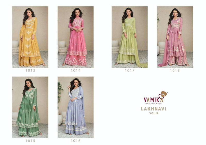 Lakhnavi Vol 5 By Vamika Readymade Rayon Top With Plazzo & Dupatta Set