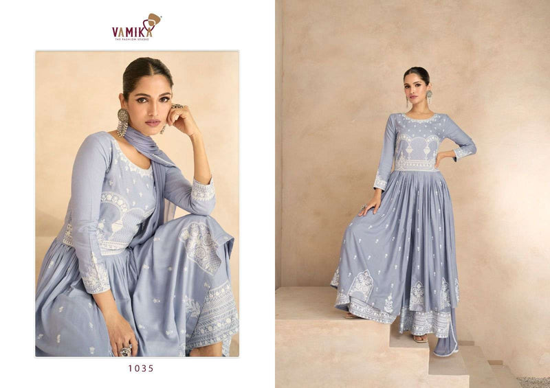 Lakhnavi Vol 6 By Vamika Exclusive White Thread Designer Kurti With Plazo And Dupatta