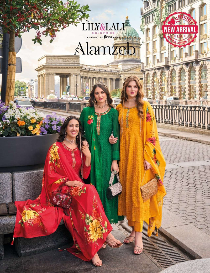 Lily And Lali Alamzeb Silk Anarkali Pattern Kurti Pant Dupatta Set