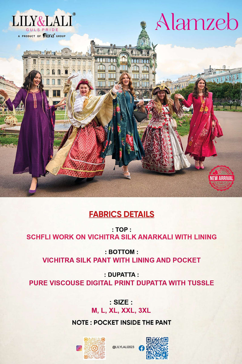 Lily And Lali Alamzeb Silk Anarkali Pattern Kurti Pant Dupatta Set