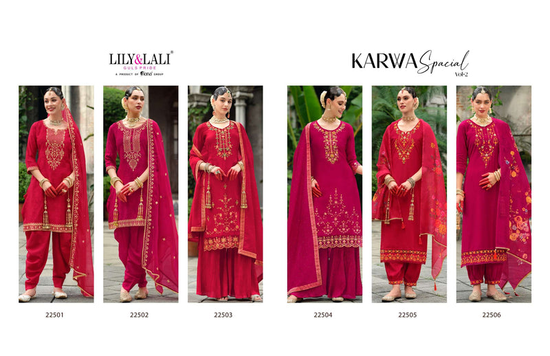 Lily And Lali Karwa Special Vol 2 Viscose Silk Designer Kurti Pant Dupatta Set