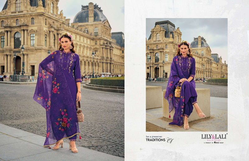 Lily And Lali Khwaish Viscose Silk Kurti Afghani Style Bottom Organza Dupatta Set