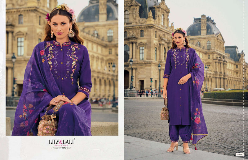 Lily And Lali Khwaish Viscose Silk Kurti Afghani Style Bottom Organza Dupatta Set