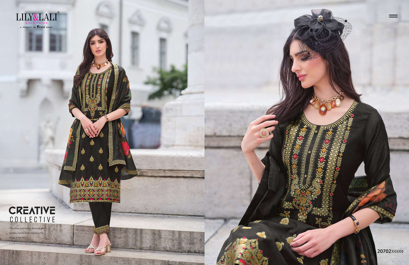 Lily And Lali Lajjo Silk Jacquard Designer Festival Wear Kurti Pant Dupatta Set