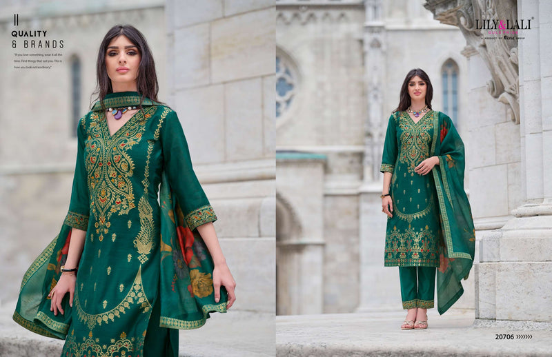 Lily And Lali Lajjo Silk Jacquard Designer Festival Wear Kurti Pant Dupatta Set