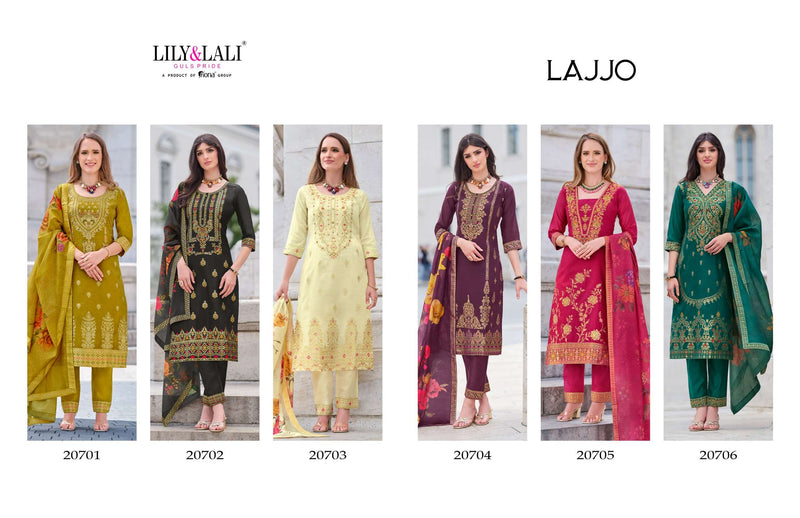 Lily And Lali Lajjo Silk Jacquard Designer Festival Wear Kurti Pant Dupatta Set