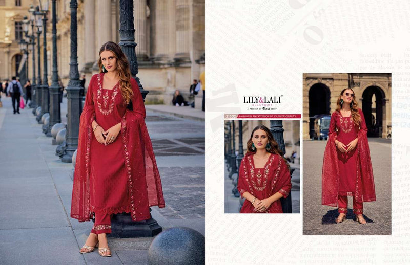 Lily And Lali Mrunal Silk Handwork Embroidery Fancy Designer Patrty Wear Kurti Pant Dupatta Set