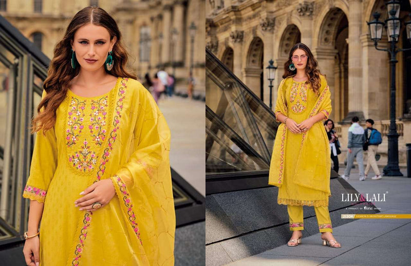 Lily And Lali Mrunal Silk Handwork Embroidery Fancy Designer Patrty Wear Kurti Pant Dupatta Set