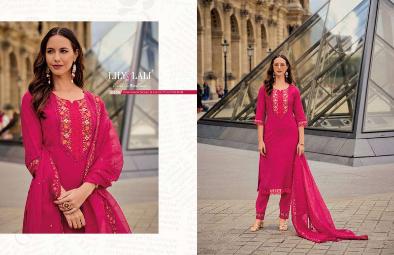 Lily And Lali Mrunal Silk Handwork Embroidery Fancy Designer Patrty Wear Kurti Pant Dupatta Set