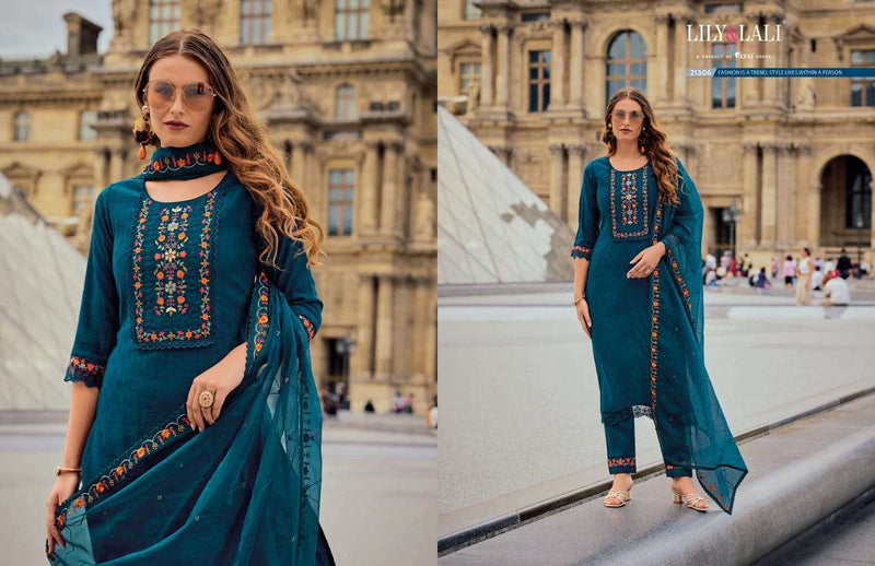 Lily And Lali Mrunal Silk Handwork Embroidery Fancy Designer Patrty Wear Kurti Pant Dupatta Set