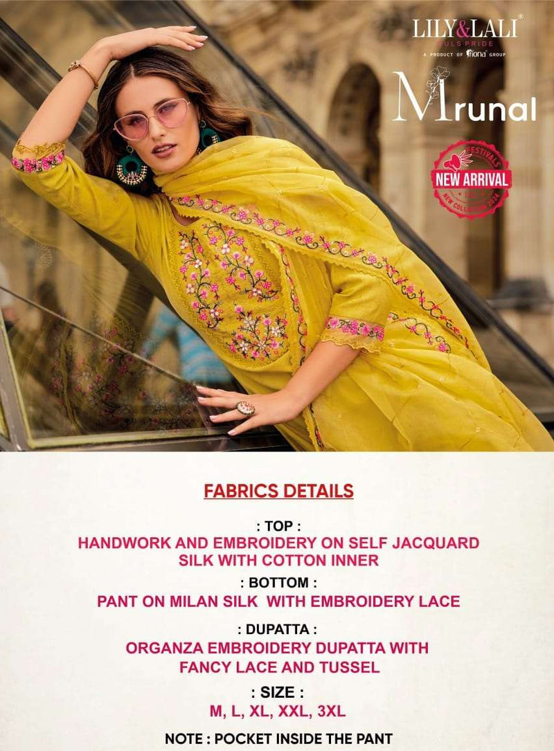 Lily And Lali Mrunal Silk Handwork Embroidery Fancy Designer Patrty Wear Kurti Pant Dupatta Set