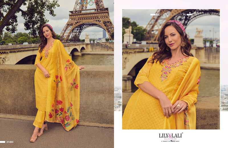 Lily And Lali Nusrat Chanderi Handwork Embroidery Designer Festival Wear Kurti Pant Dupatta Set