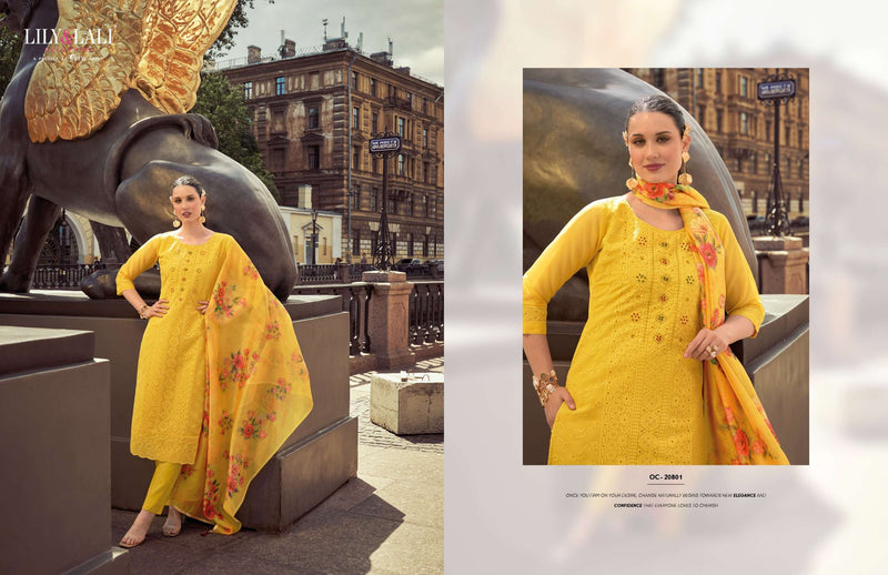 Lily And Lali Organza Chikankari Vol 2 Organza Lining With Schiffli And Handwork Kurti Pant Dupatta Set