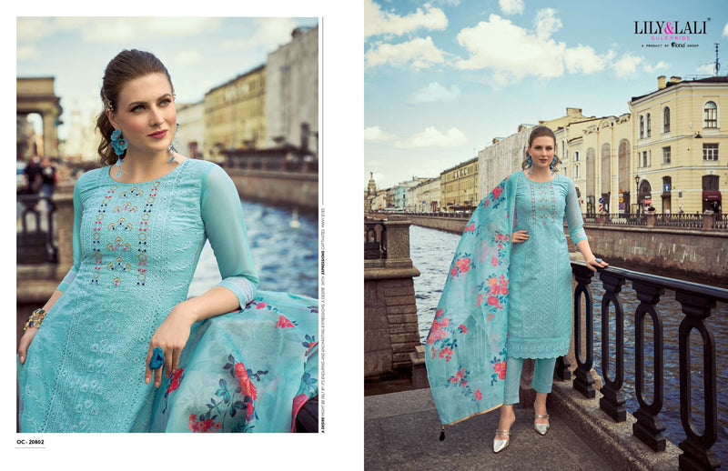 Lily And Lali Organza Chikankari Vol 2 Organza Lining With Schiffli And Handwork Kurti Pant Dupatta Set