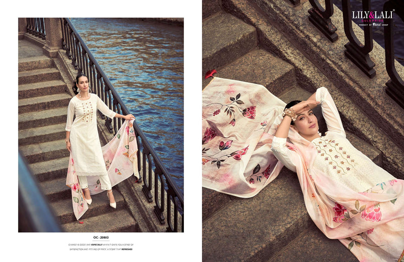 Lily And Lali Organza Chikankari Vol 2 Organza Lining With Schiffli And Handwork Kurti Pant Dupatta Set