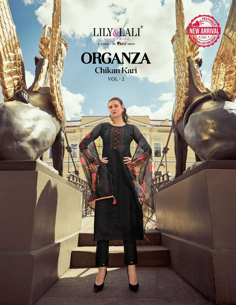 Lily And Lali Organza Chikankari Vol 2 Organza Lining With Schiffli And Handwork Kurti Pant Dupatta Set