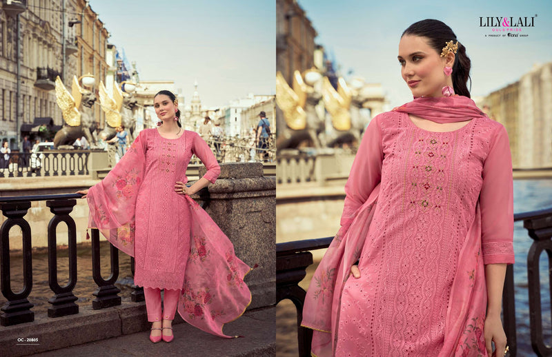 Lily And Lali Organza Chikankari Vol 2 Organza Lining With Schiffli And Handwork Kurti Pant Dupatta Set