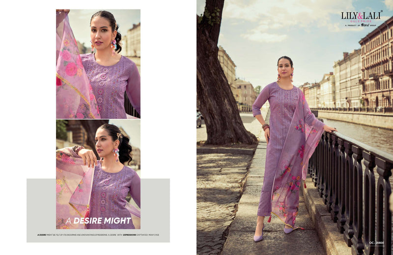 Lily And Lali Organza Chikankari Vol 2 Organza Lining With Schiffli And Handwork Kurti Pant Dupatta Set