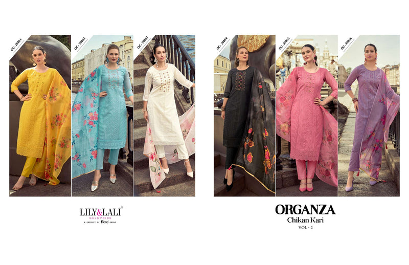 Lily And Lali Organza Chikankari Vol 2 Organza Lining With Schiffli And Handwork Kurti Pant Dupatta Set