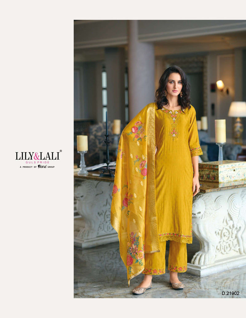 Lily And Lali Rubab Viscose Handwork Embroidery Festiv Wear Kurti Pant Organza Dupatta Set