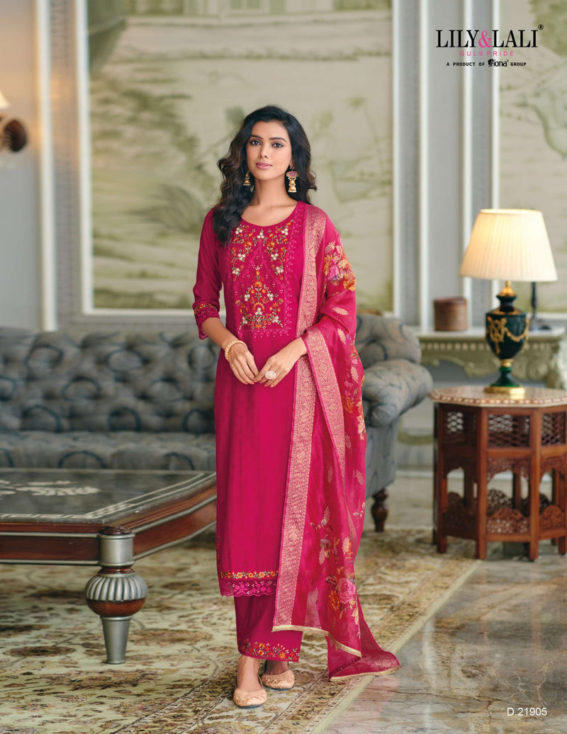 Lily And Lali Rubab Viscose Handwork Embroidery Festiv Wear Kurti Pant Organza Dupatta Set