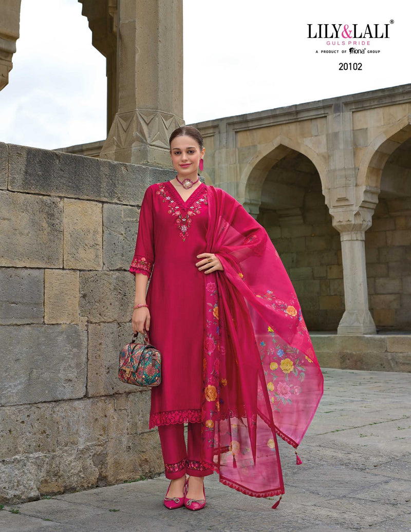 Lily And Lali Malvika Vol 2 Viscose Hand Work And Embroidery Kurti With Bottom And Organza Print Dupatta