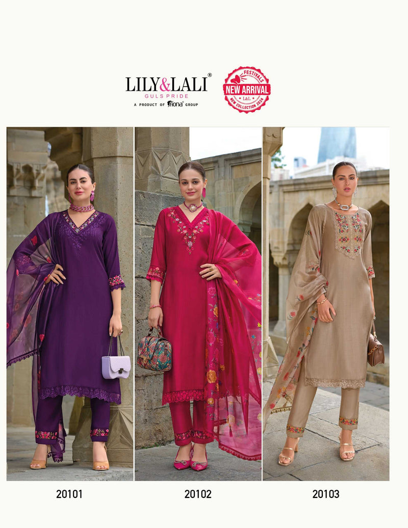 Lily And Lali Malvika Vol 2 Viscose Hand Work And Embroidery Kurti With Bottom And Organza Print Dupatta