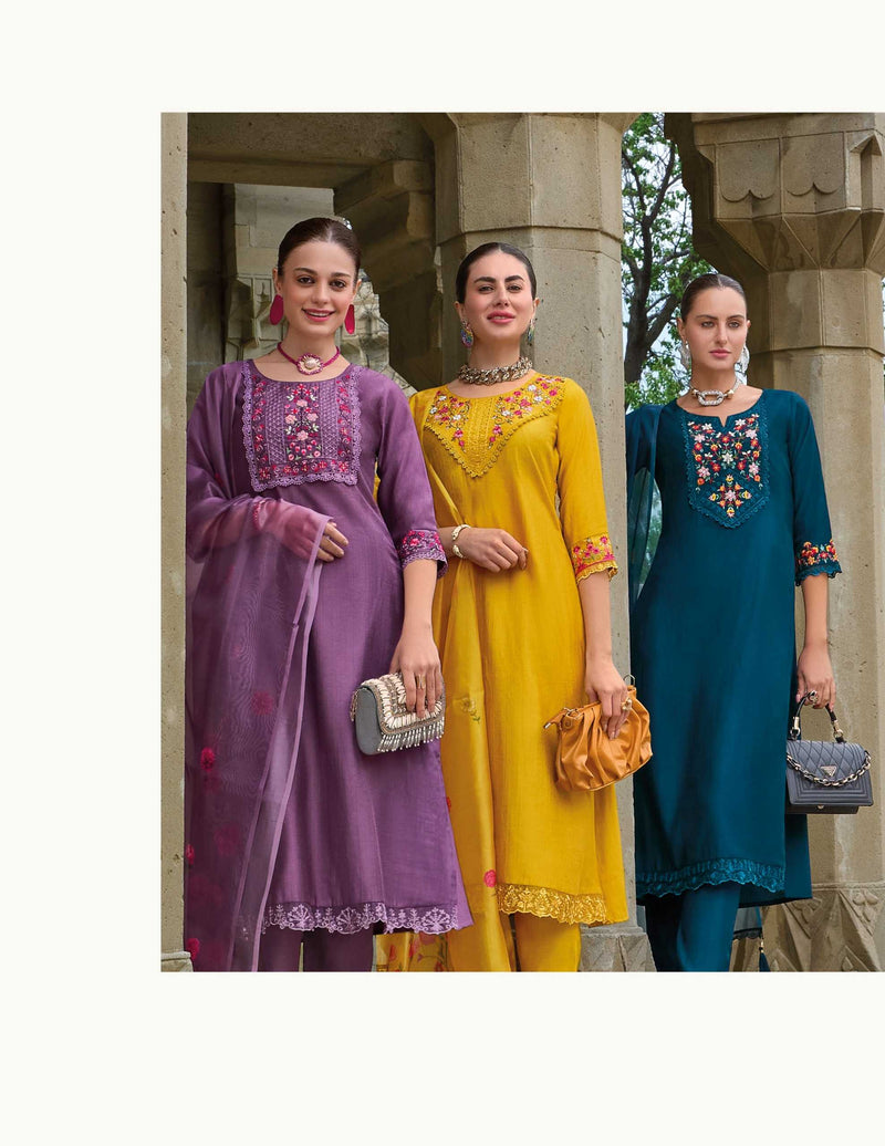 Lily And Lali Malvika Vol 2 Viscose Hand Work And Embroidery Kurti With Bottom And Organza Print Dupatta