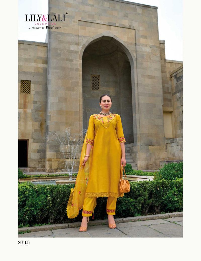Lily And Lali Malvika Vol 2 Viscose Hand Work And Embroidery Kurti With Bottom And Organza Print Dupatta