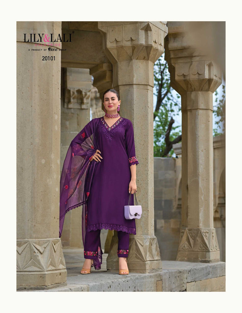 Lily And Lali Malvika Vol 2 Viscose Hand Work And Embroidery Kurti With Bottom And Organza Print Dupatta